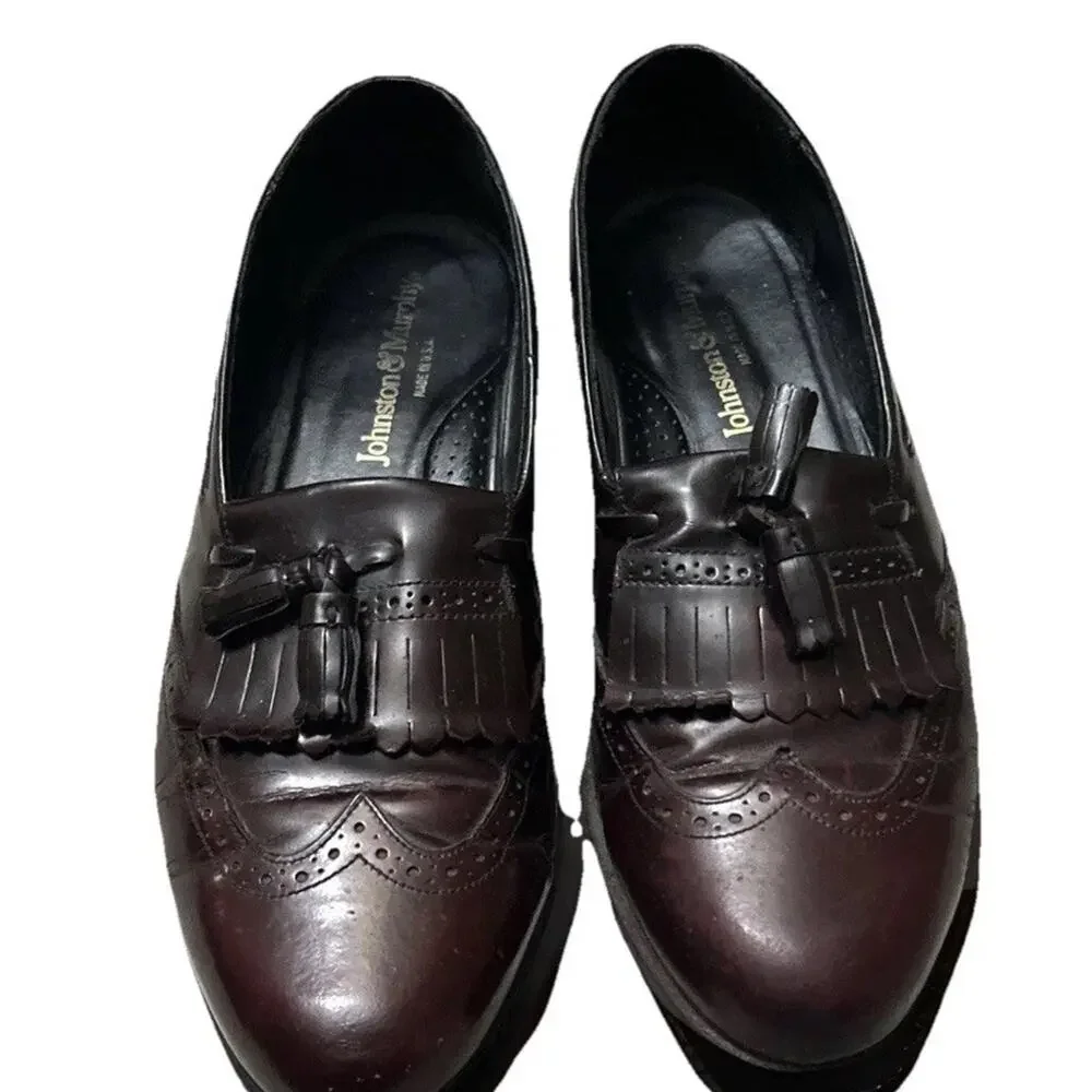 Johnston & Murphy Oxblood Tassel Loafers Mens 8.5 D Leather Wingtip Brogue Dress